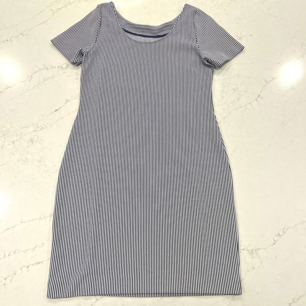 Banana Republic Striped Bodycon Dress Womens L Navy White‎ Cotton Blend Nautical